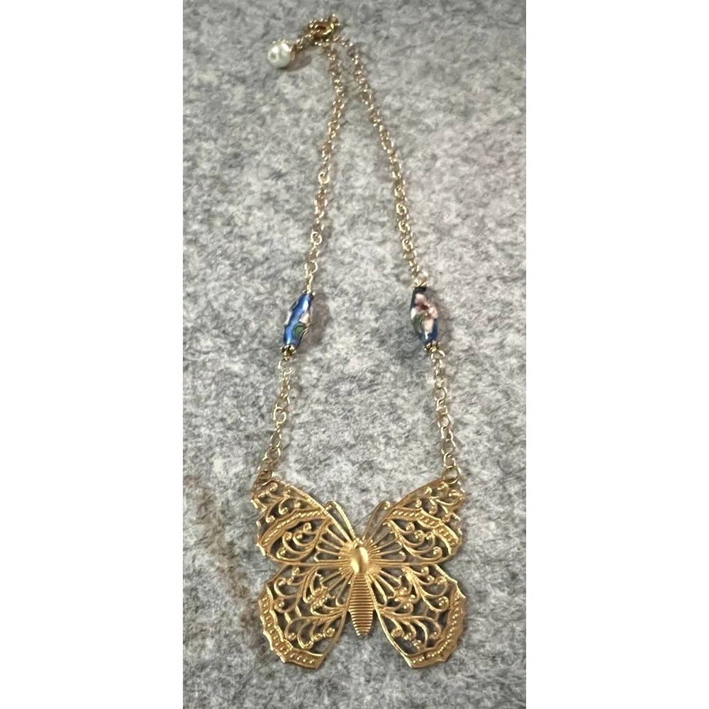 Vintage Large Butterfly Pendant Necklace Jewelry Costume